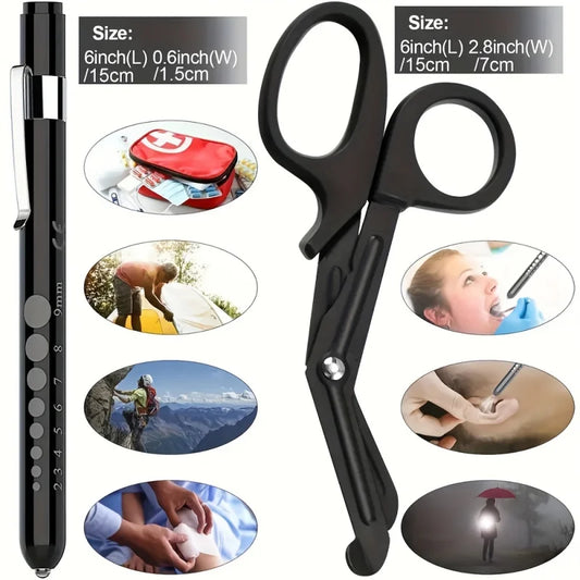 3 Pcs Nurse Medical Supplies Set with 2 Medical Pen Lights + 1 Piece 6-Inch Durable Iron Surgical Scissors