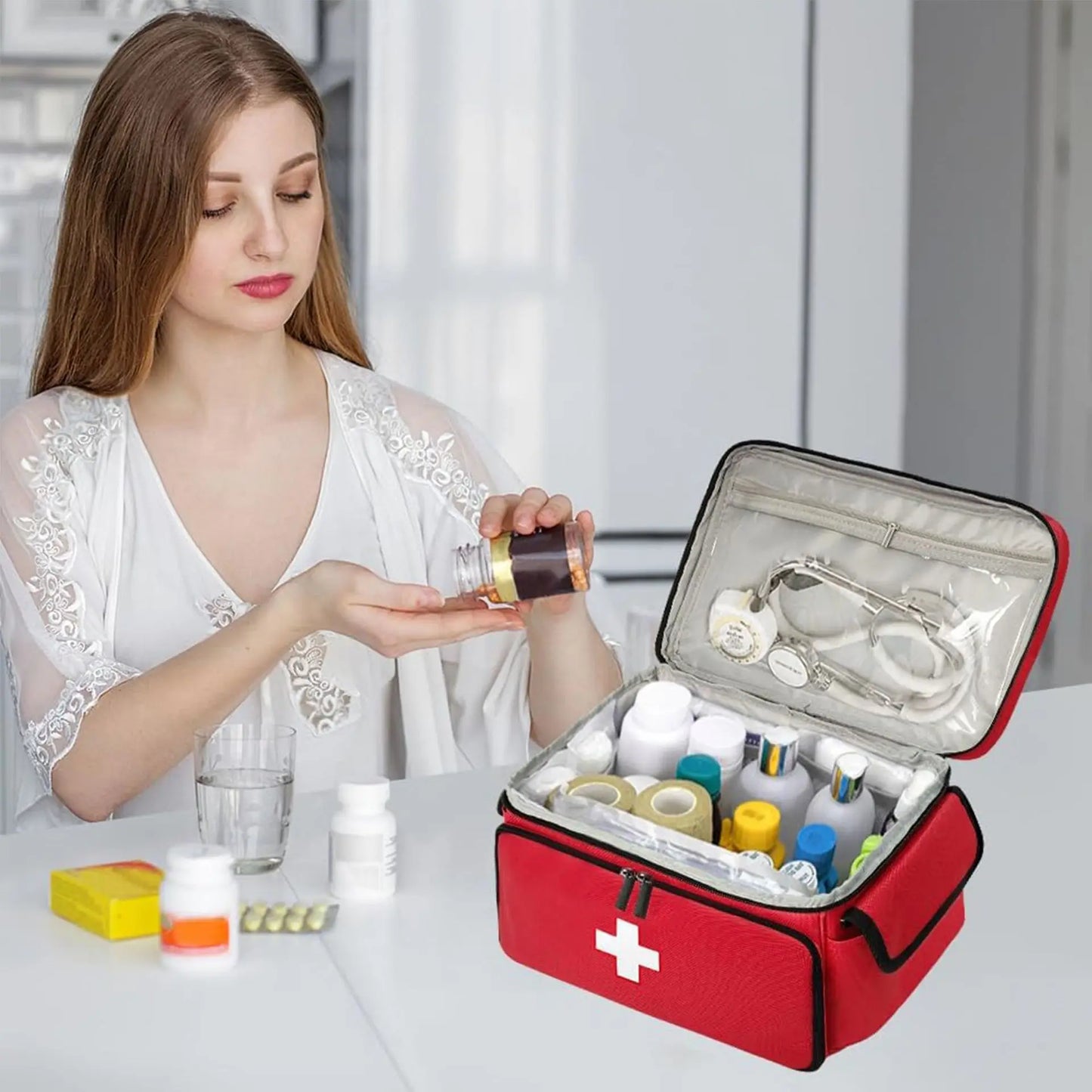 Emergency Medical First Aid Kit Portable with Multiple Mesh Compartments Classified Storage for Home Travel