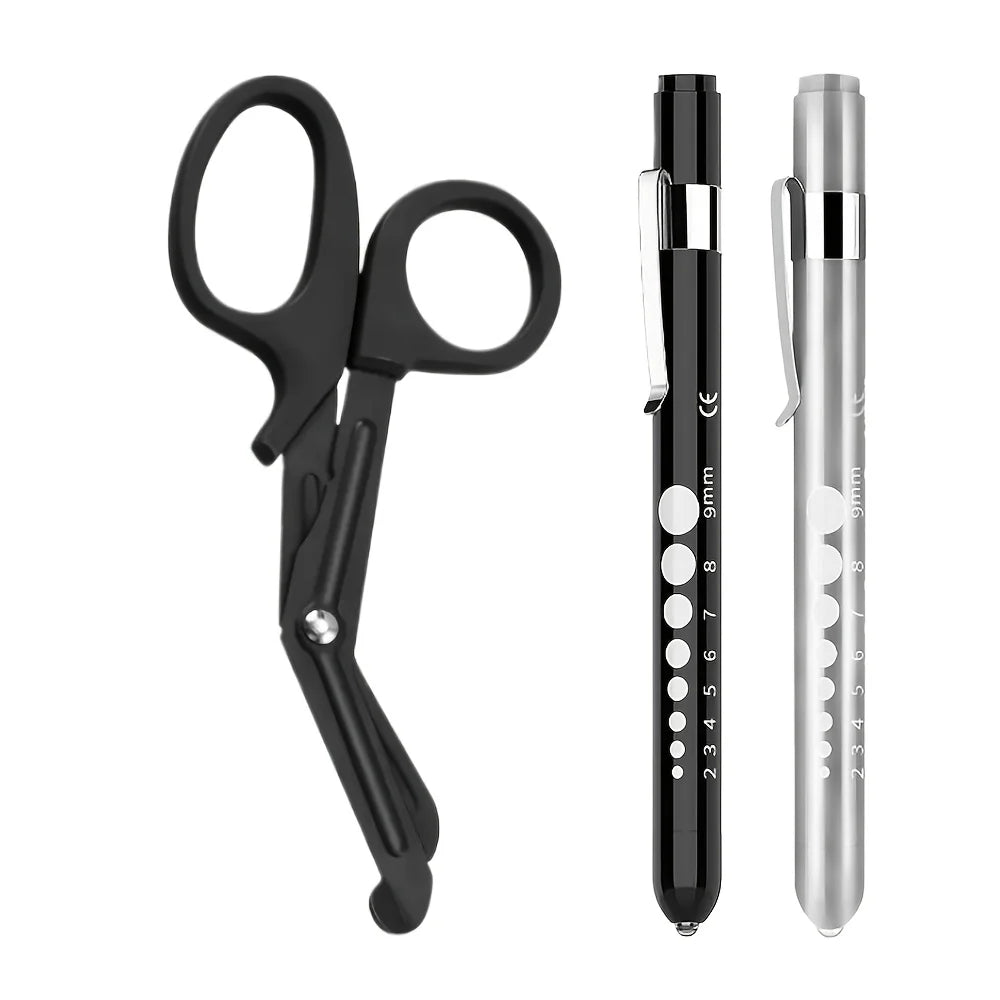 3 Pcs Nurse Medical Supplies Set with 2 Medical Pen Lights + 1 Piece 6-Inch Durable Iron Surgical Scissors