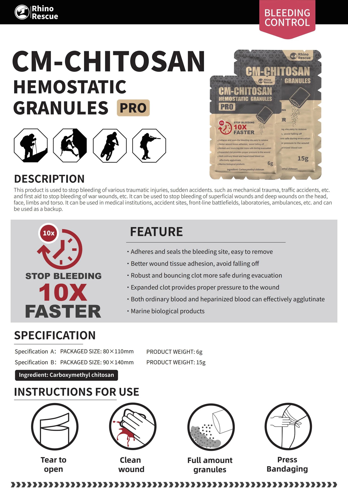 RHINO RESCUE Chitosan Hemostatic Powder Granular 6g/15g Hemostatic Granules Wound Dressing for Fast Bleed Control For Camping