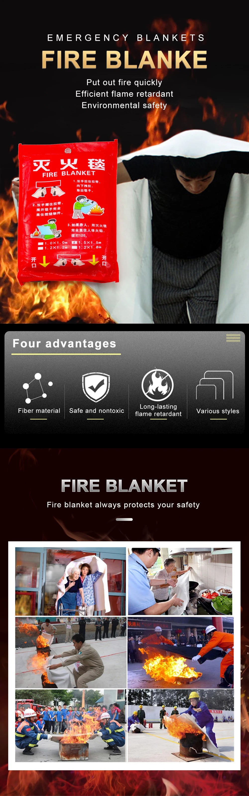 1M x 1M Emergency Fiberglass Fire Blanket Fire Flame Retardant Emergency Survival Fire Shelter Safety Cover Fire Extinguisher