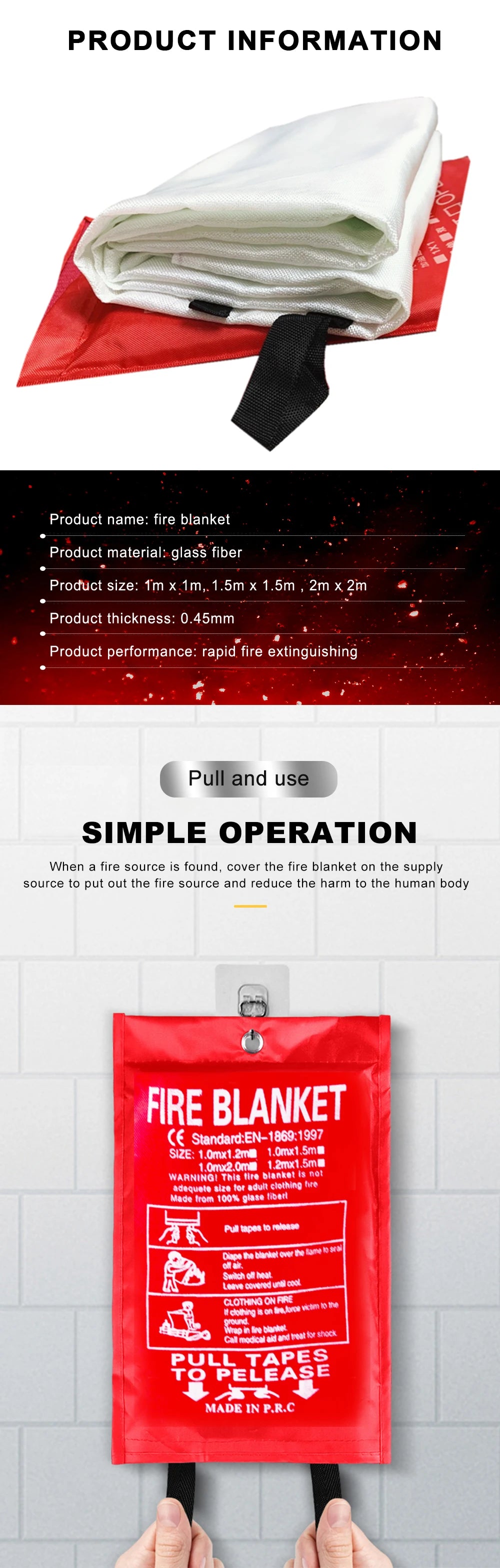 1M x 1M Emergency Fiberglass Fire Blanket Fire Flame Retardant Emergency Survival Fire Shelter Safety Cover Fire Extinguisher